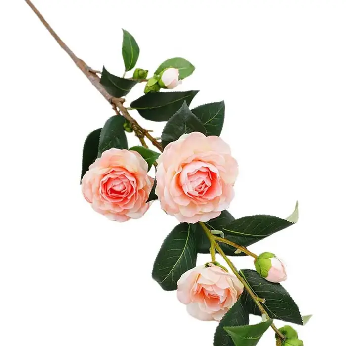 Fleur de camélia artificielle à feuilles vertes