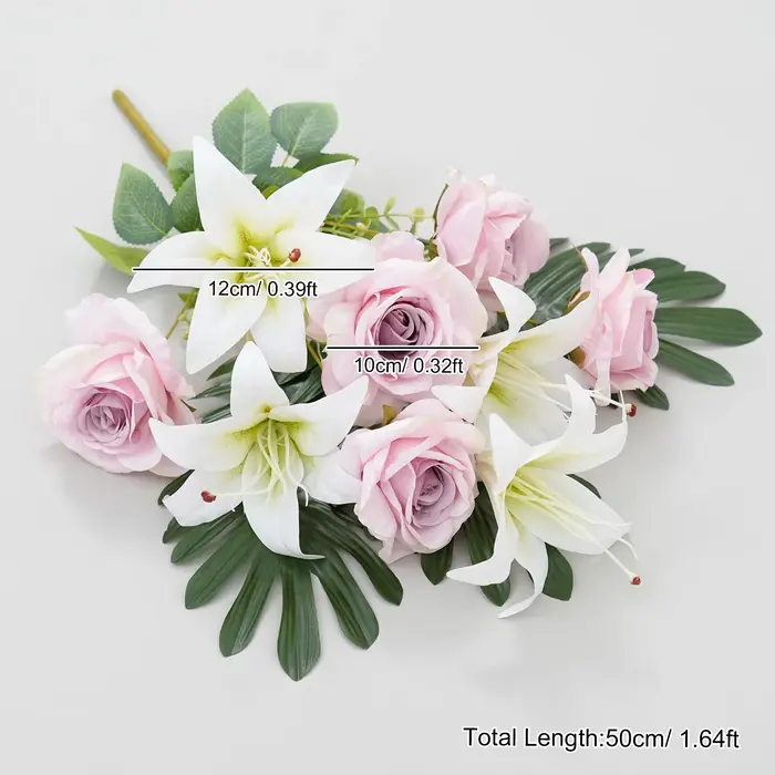 Bouquet de fleurs artificielles C2025 en soie, 1,64 pied, avec lys blancs, roses champagne et verdur