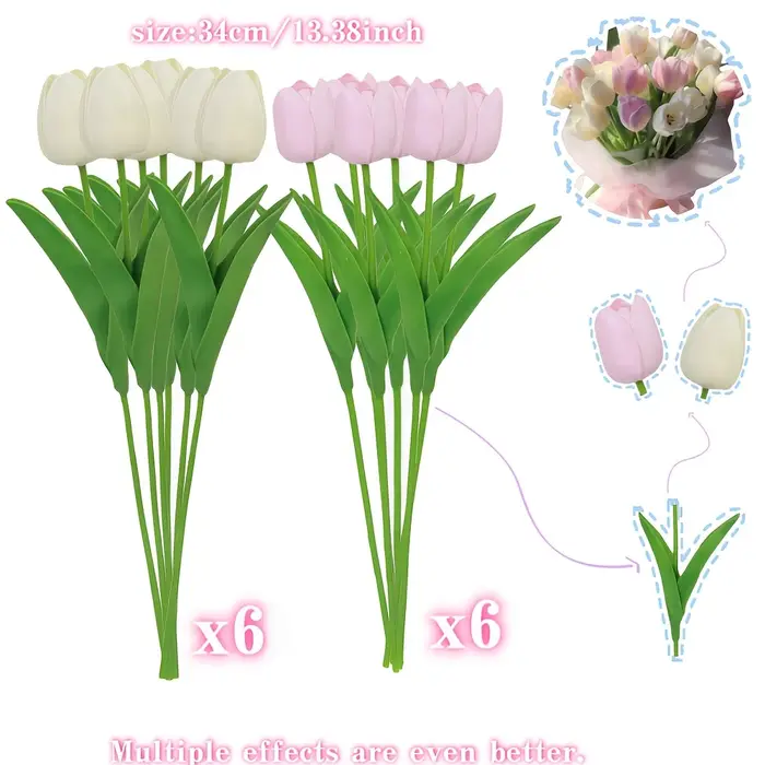 Ensemble de 12 tulipes artificielles réalistes crème et roses