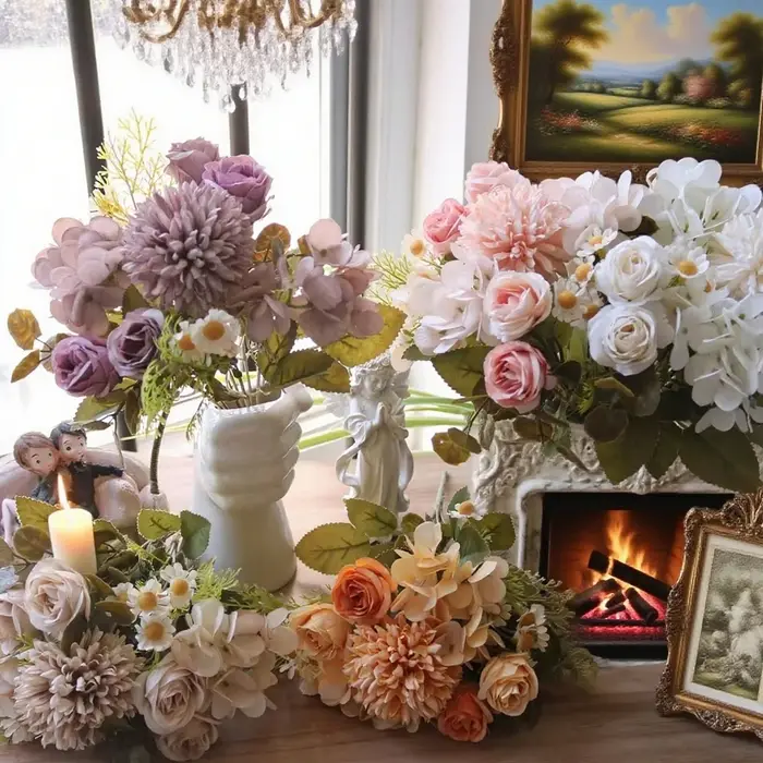 6PCS Fleurs Artificielles Camomille Mariage Maison Chambre Décoration Bouquet De Mariée Jardin Soie Roses Vase Conseil Extérieur Bricolage Cadeaux