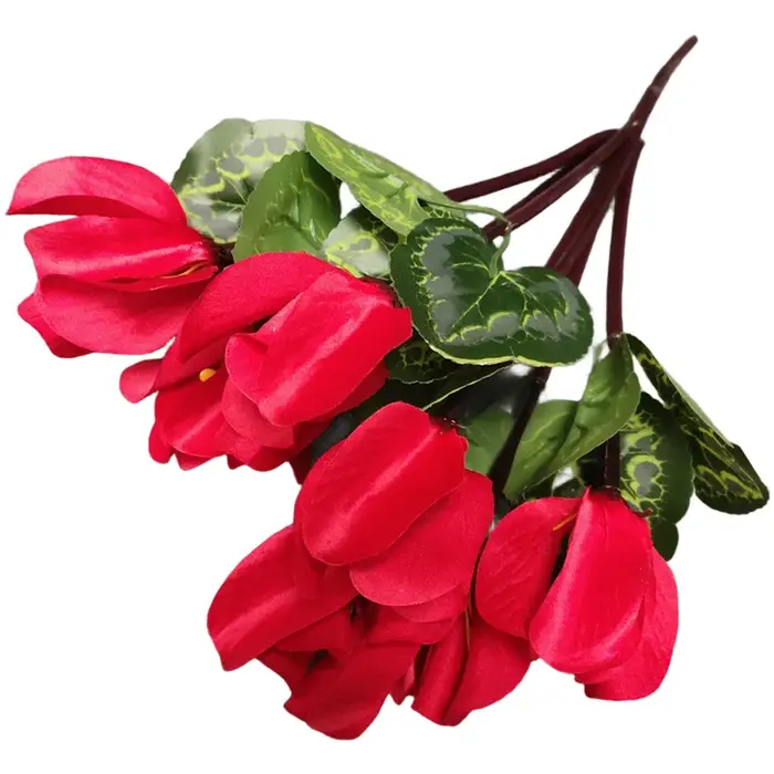Bouquet de fleurs artificielles colorées en cyclamen rouge, rose, rouge rosé, blanc crème, jaune cla