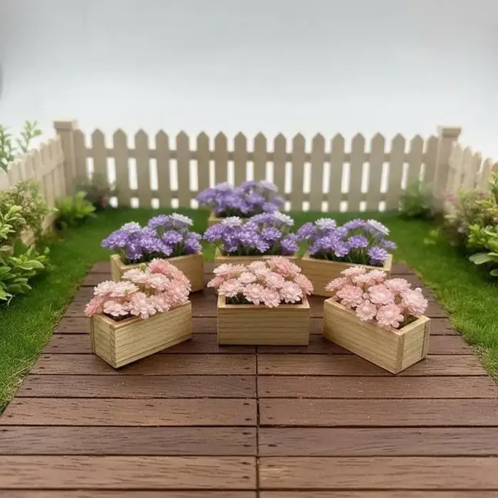 Fleur artificielle miniature en pot dans une boîte en bois, plante réaliste pour la décoration de bureau et d'étagère