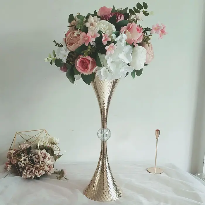 Vase doré en forme de trompette, centre de Table de mariage en cristal, pour événement, route, Vases à fleurs délicats pour la décoration de la maison
