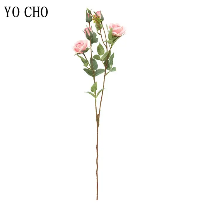 YO CHO – roses artificielles en soie, fausses fleurs de haute qualité, longue branche, 5 têtes, pour