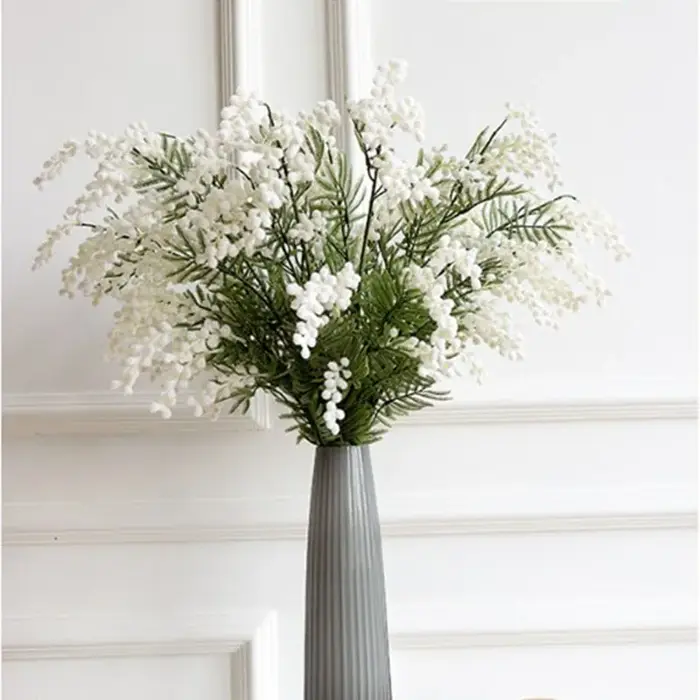 1 pièce, branche de fleur de mimosa artificielle blanche et jaune de 86 cm avec feuilles vertes, décoration de mariage, décoration de la maison, fleur d'acacia en soie, plantes artificielles
