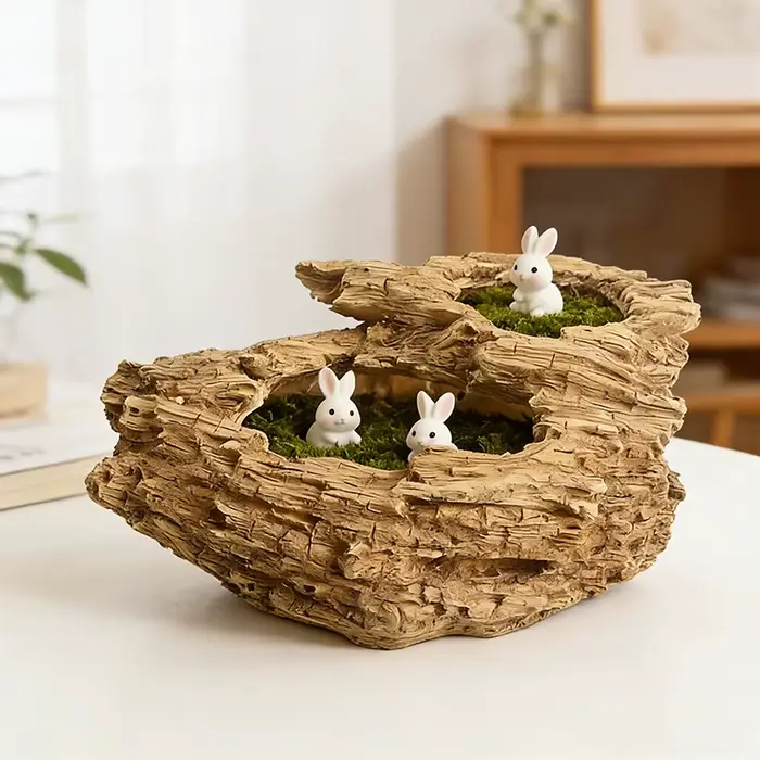 Pot de fleurs en résine imitation bois flotté avec deux trous