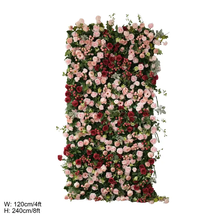 A9137 Composition florale artificielle Angela, roses roses et bordeaux, verdure, rideau en tissu enr