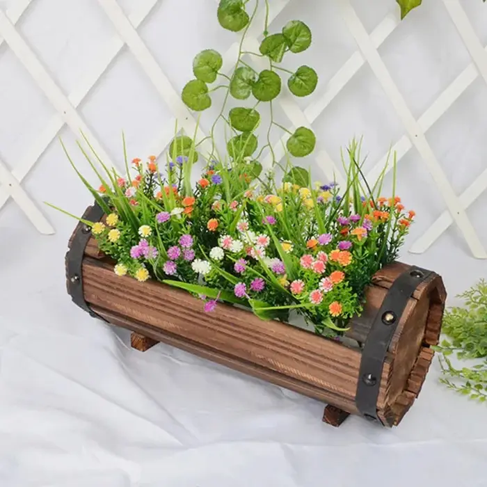 Jardinière demi-baril en bois naturel-1Pc Pot de fleur en bois rétro