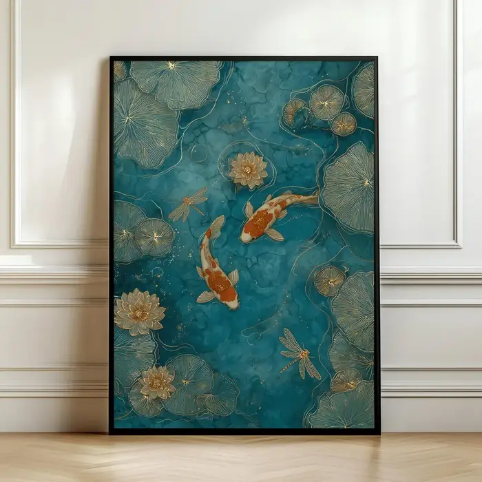 Art mural élégant avec poissons koï – Décoration de bassin vert émeraude