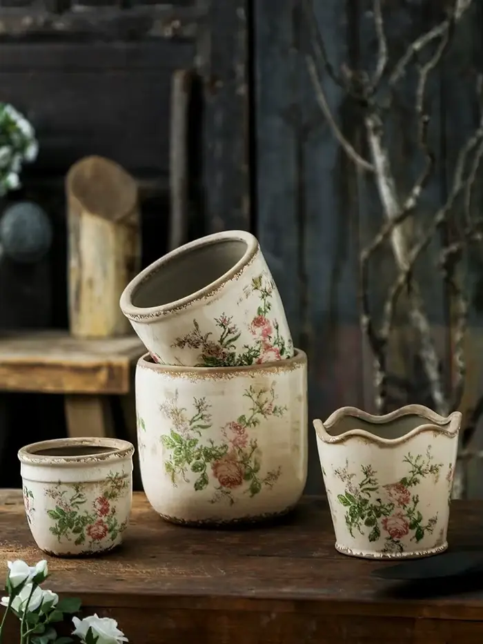 Pot de fleurs en céramique rose vieilli style vintage français pour plantes vertes