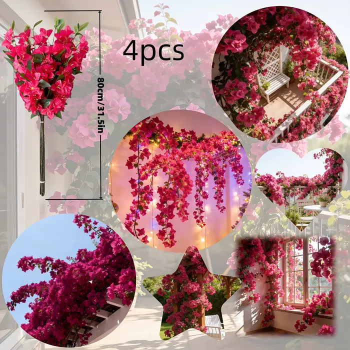 4 fleurs de bougainvillier réalistes avec texture filmée, idéales pour la décoration de la maison, l