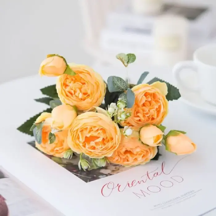 1 Bouquet de 9 Têtes de Fleurs Artificielles en Soie (Pivoine
