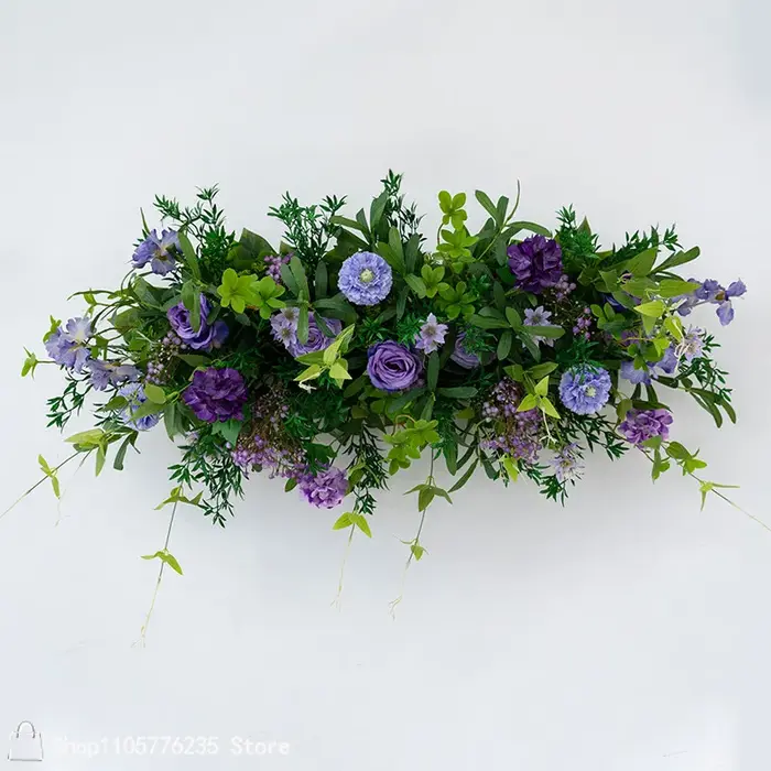 Rangée de fleurs artificielles vertes et violettes pour allée de mariage, arrangement floral au sol, fleurs suspendues, décoration de fond pour jardin extérieur et fête
