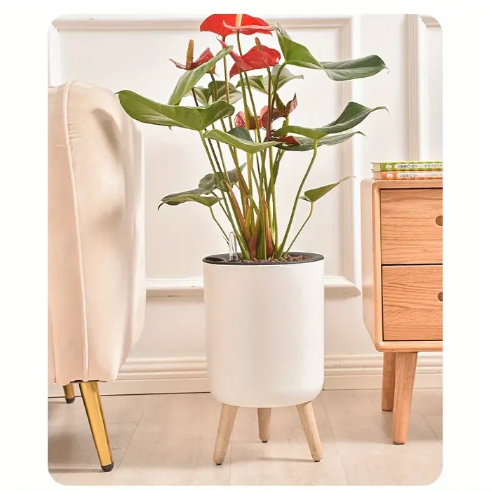 Jardinière auto-arrosante minimaliste nordique, pieds en bois blanc, pot de plante multifonctionnel pour balcon et bureau