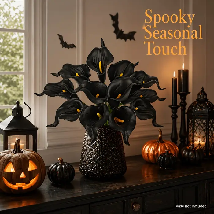 Bouquet de 10 tiges de Zantedeschia artificielles en noir minuit, style gothique sombre, faux lys calla pour Halloween