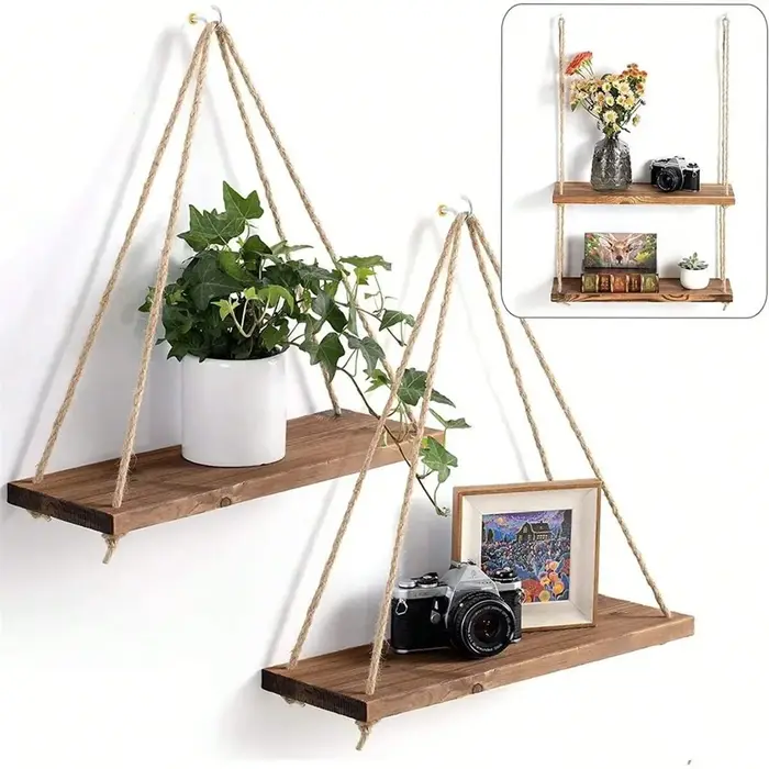 1pc Étagère murale suspendue en bois avec corde de chanvre