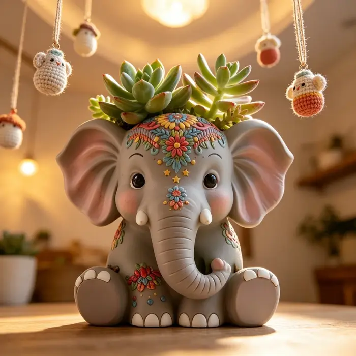 Moule en silicone pour pot de fleurs en résine, motif éléphant accroupi et plante succulente, boîte de rangement éléphant en relief floral, moule en gypse pour bougie