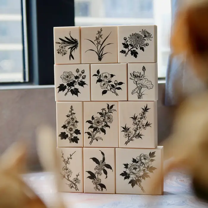 Ensemble de tampons en bois d'érable « Douze Dieux des Fleurs » – Matériel végétal pour la décoration de journaux, cadeaux, scrapbooking, bricolage et papeterie