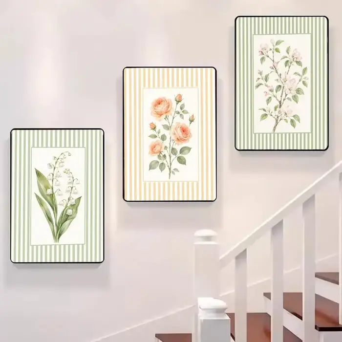 Tableau d'art mural moderne en toile avec motifs floraux rayés et calligraphie pour la décoration intérieure de la maison et de la chambre