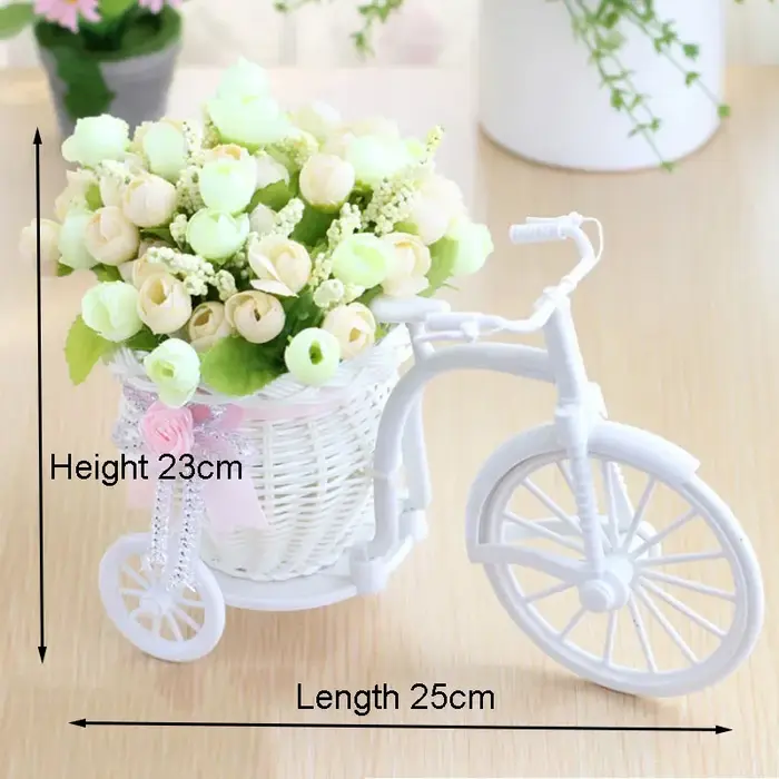 Fleurs artificielles Roses en soie rotin vélo Vase en plastique