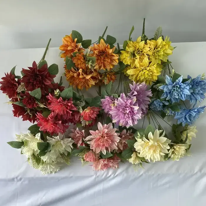 Peinture à l'huile artificielle Dahlia soie fausses fleurs plante jardin décoratif 7 têtes Dahlias Bouquet fleur rouge décoration d'hôtel