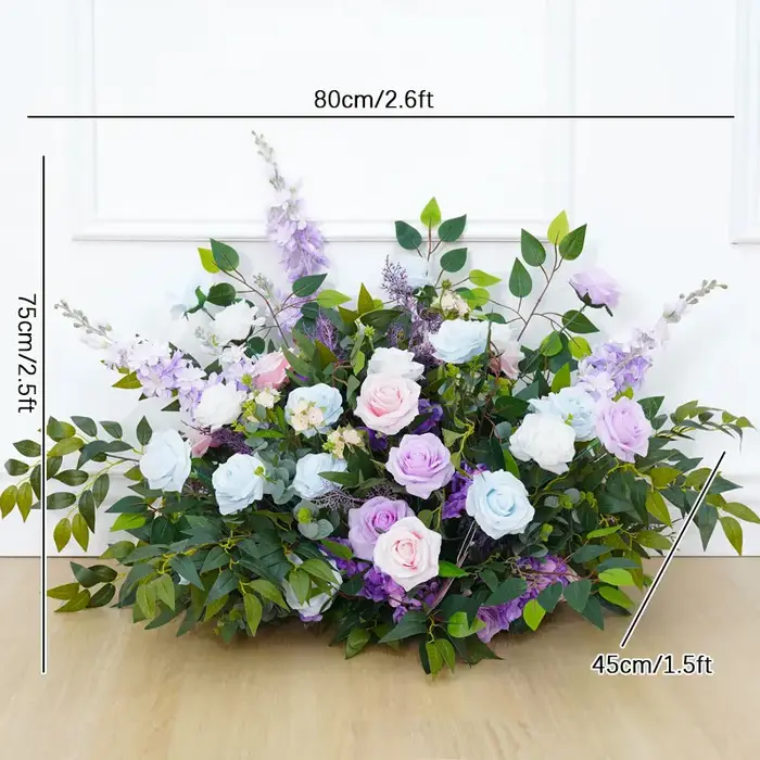 Décoration d'arche de mariage en plein air, arrangement de fleurs en rangée, rose bleue violette, de