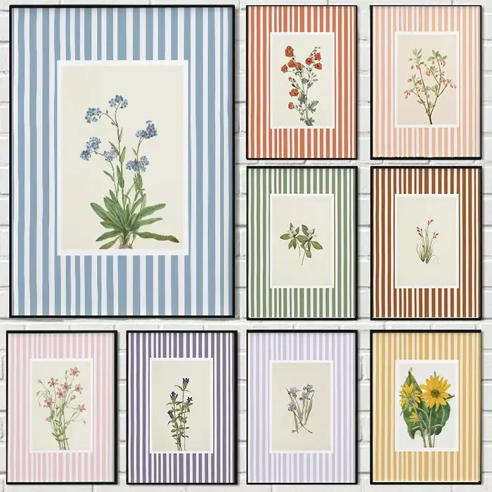 Toile imprimée à rayures avec plante de muguet bleu