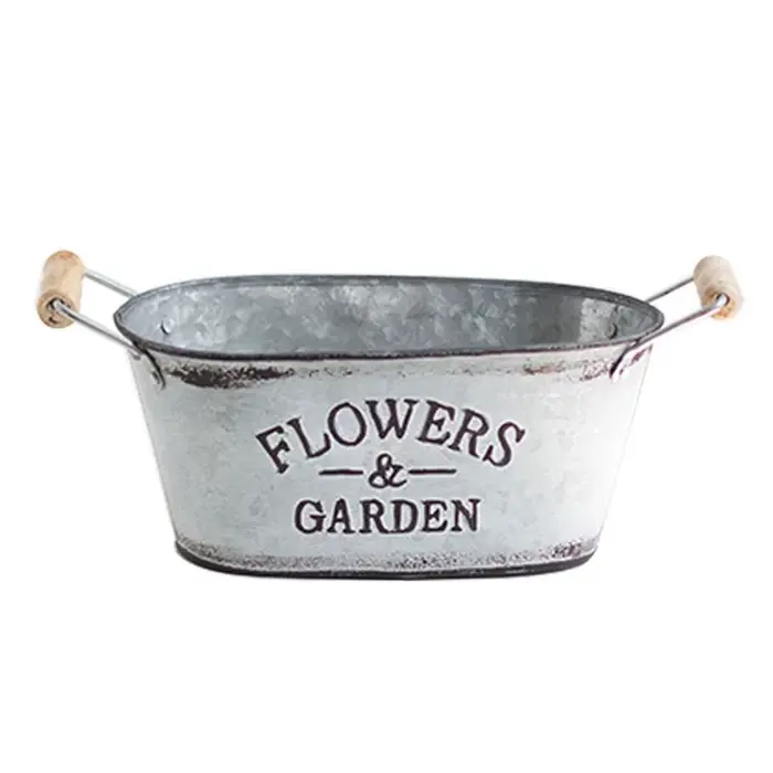 Pot de fleurs ovale en fer rustique, manche en bois, Vase de fleurs rétro pastorale, seau de fleurs