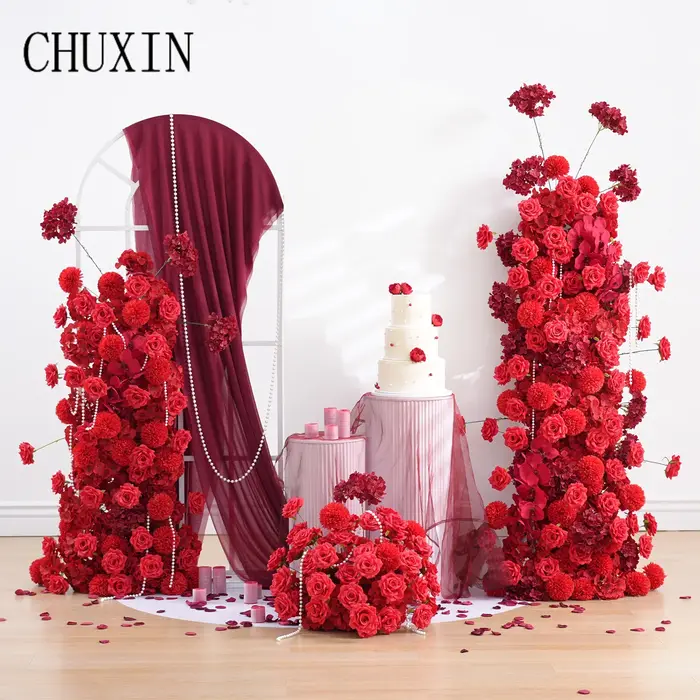 C8887 Appassion rouge Rose Pompon Arrangement Floral KT conseil Photo toile de fond idées passerelle fleur mariage fête d'anniversaire fournitures