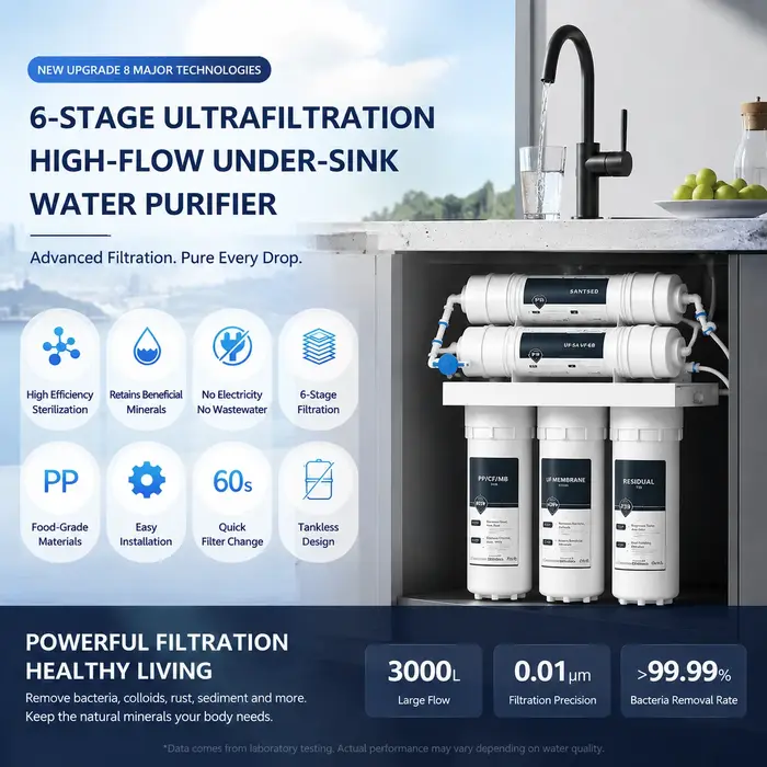 Purificateur d'eau à ultrafiltration 6 étapes, grand débit, anti-calcaire, filtre sous évier pour robinet d'eau, purification domestique de cuisine
