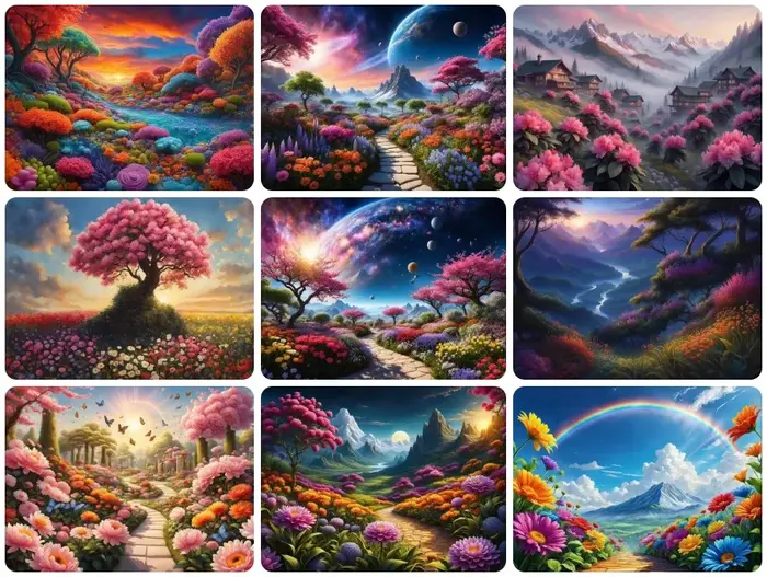 Peinture Diamant Paysage de Vallée Fleuri Coloré et Rêveur
