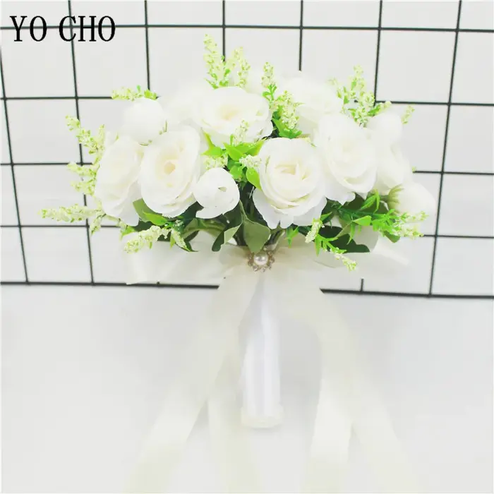 Bouquet de Mariage de demoiselle d'honneur, blanc, Rose, Champagne, Rose artificielle, tenant des fl