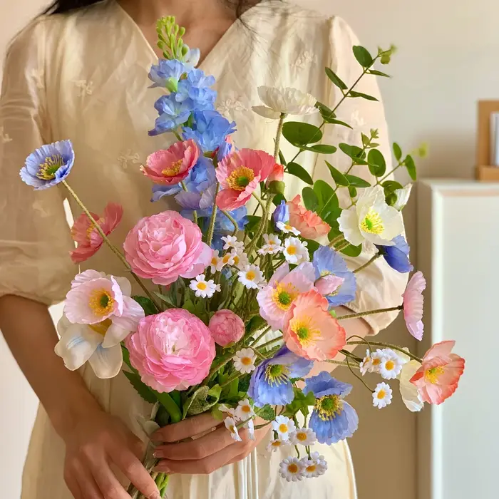 Bouquet de 11 tiges de fleurs artificielles mélangées de pavot de Inde pour l'aménagement des salons et des salles à manger