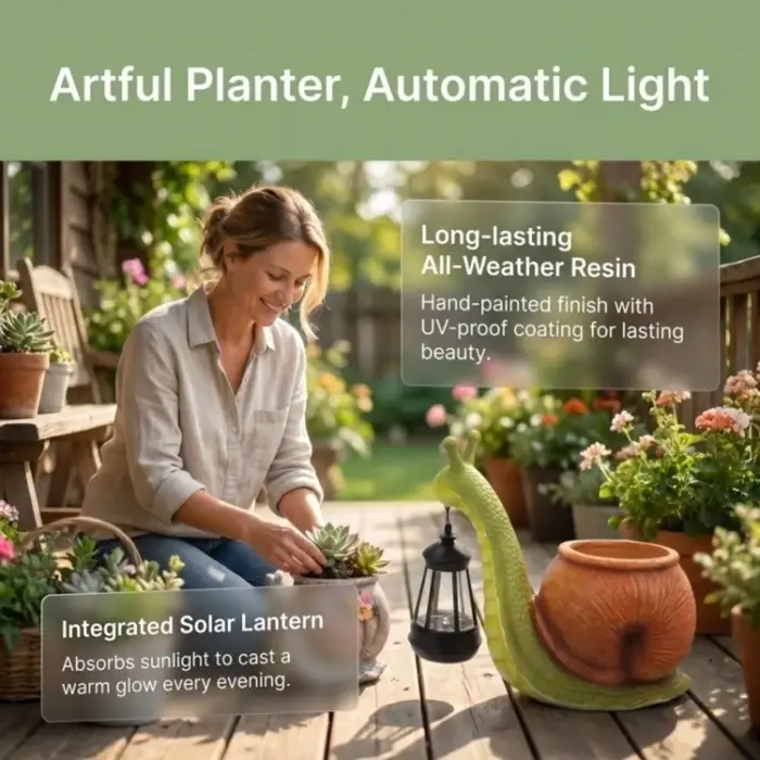 Statue de limace en résine, pot de fleurs résistant au soleil, pot de plantes écologique, limace tenant une lanterne solaire décorative avec lumière LED chaude