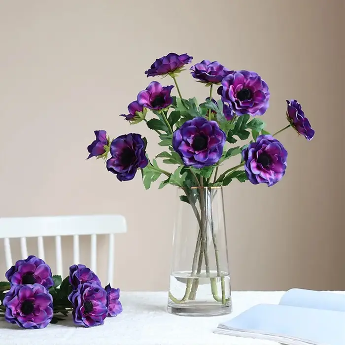 52CM 3 têtes longues Branches coquelicots en soie anémone fleur artificielle fête de mariage décor noël maison jardin décoration guirlande