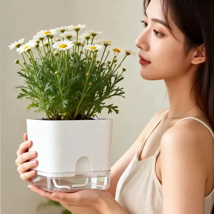 Pot de fleurs auto-arrosant blanc carré à double couche pour plantes d'intérieur et d'extérieur