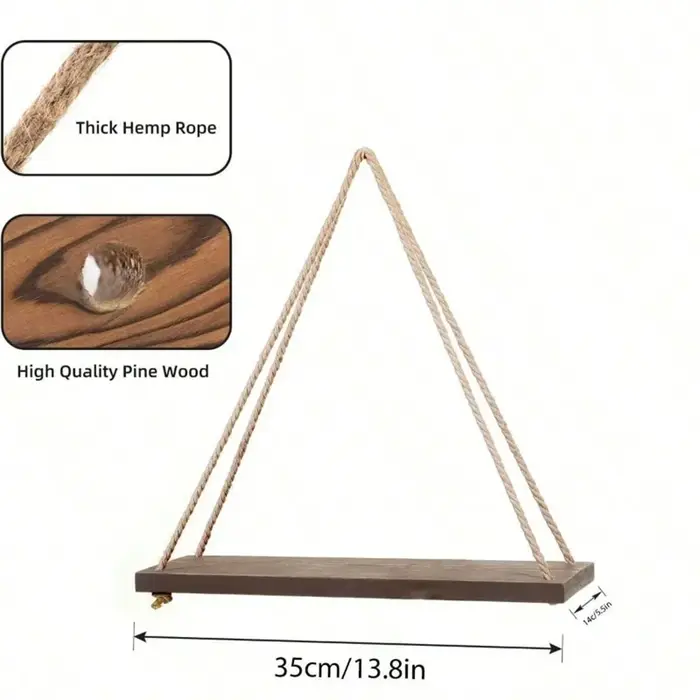 1pc Étagère murale suspendue en bois avec corde de chanvre