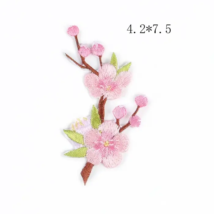 Appliques brodées de fleurs roses avec branche pour vêtements