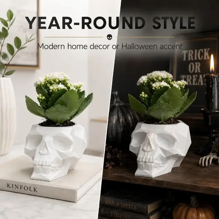 Pot de fleurs en forme de crâne, pot de fleurs gothique en polygone bas pour plantes succulentes, décoration intérieure pour étagère de bureau, cadeau de décoration pour Halloween.