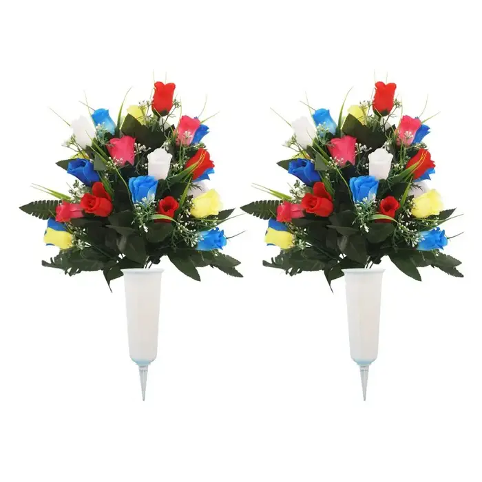 2 Pièces de Fleurs Artificielles pour Cimetière, Fausses Roses d'Extérieur avec Vase, Bouquet Commém