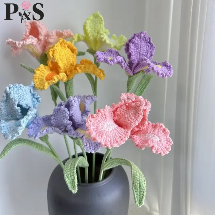 Iris Crochet fleurs fait à la main rose violet bleu tricoté fini