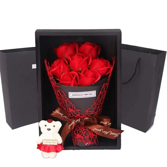 Bouquet de fleurs artificielles Leon's Day, 7 roses, boîte cadeau, ours en peluche, décoration d'int