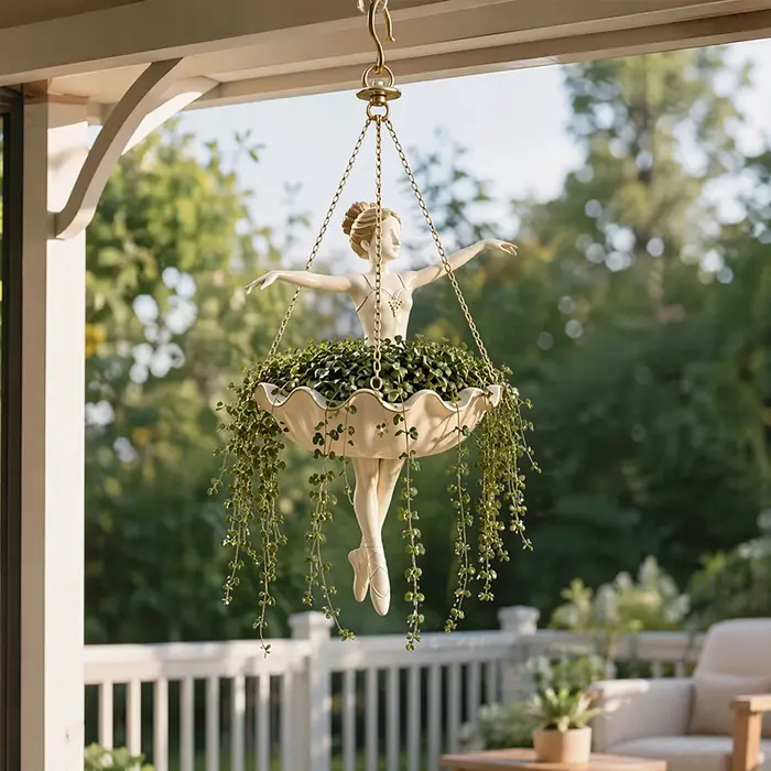 Support de plante en forme de danseuse de ballet avec crochet supérieur et trois chaînes, support de présentation de plantes, installation facile et polyvalent pour la décoration de jardin