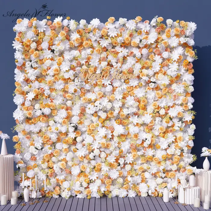 Rideau mural de fleurs artificielles Angela Flower A9077 Jaune Blanc 5D