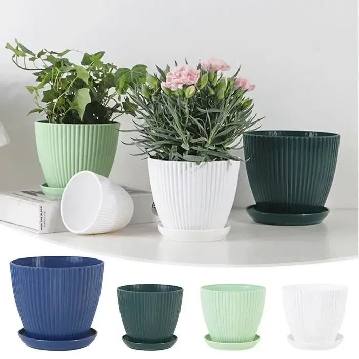 Pot de fleur en plastique plantes rondes succulentes Pot jardinières à rayures verticales avec plateau décoration intérieure de bureau à domicile