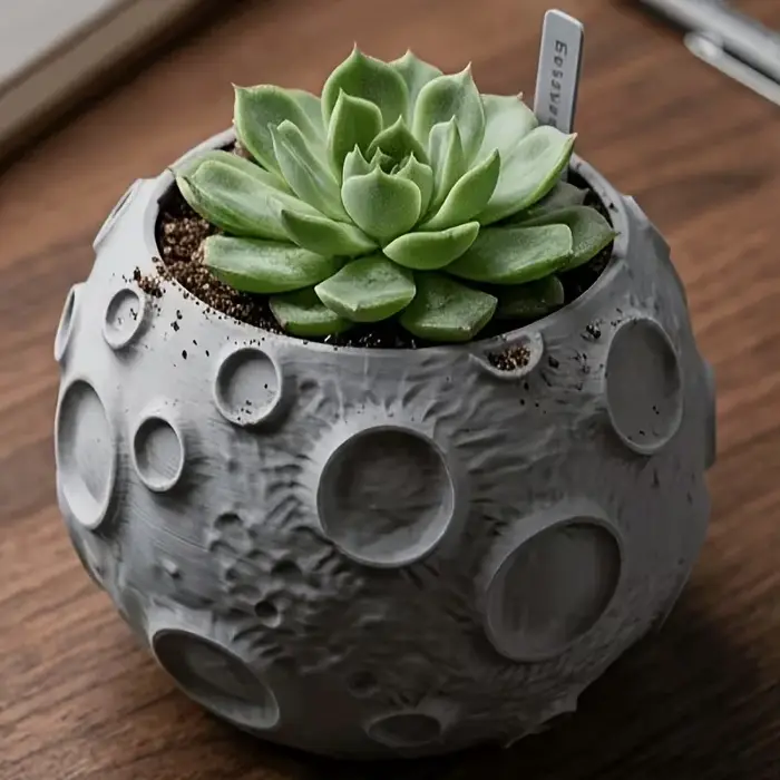 Pot de fleurs en forme de lune avec design de surface lunaire et texture réaliste, adapté aux petites plantes, pot pour plantes succulentes d'extérieur