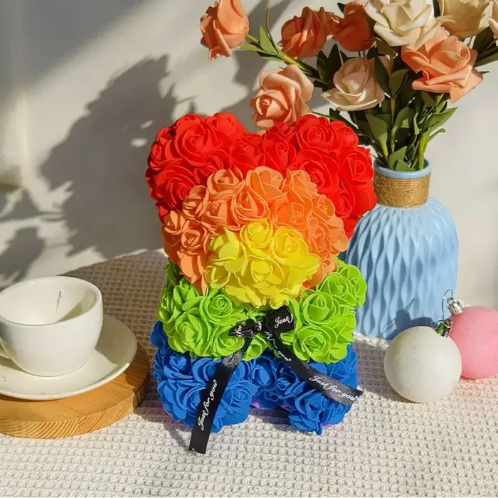 Fleur artificielle multicolores de haute qualité 15*15*22cm/16*16*24cm Rose éternelle arc-en-ciel Ours Cadeau d'anniversaire pour petite amie