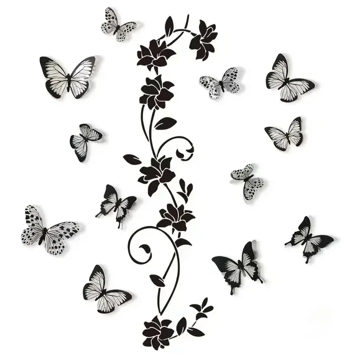 Autocollant mural 3D papillon et fleurs noires