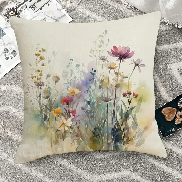 Housse de coussin en lin à fleurs sauvages aquarelle – Décoration d'intérieur élégante