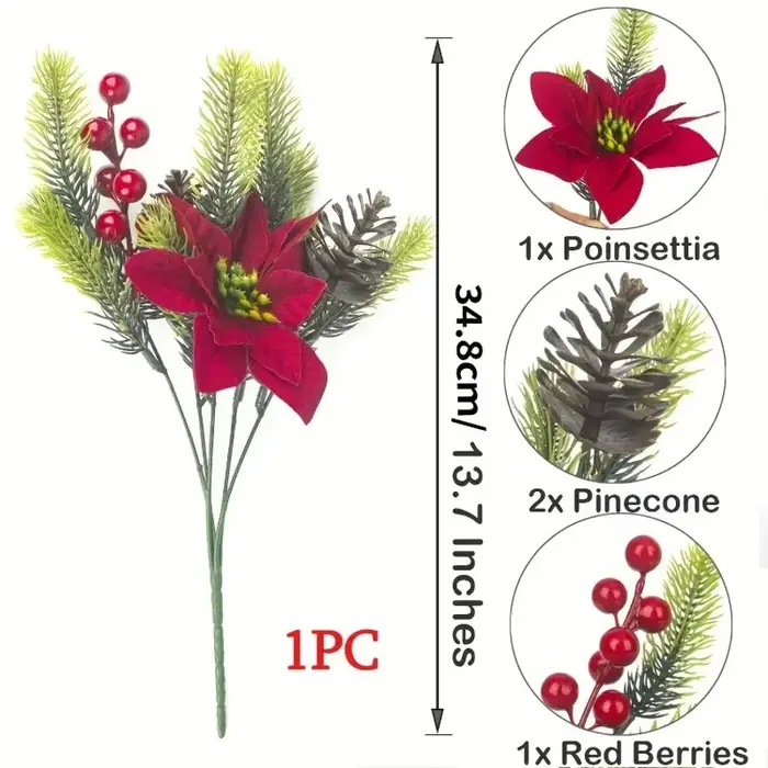 3 pièces de poinsettias artificiels réalistes avec baies rouges et feuillage vert pour décoration de couronne de mariage ou de fête à domicile.